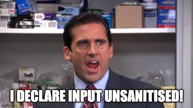Michael Scott shouting. Caption: I DECLARE INPUT UNSANITISED!